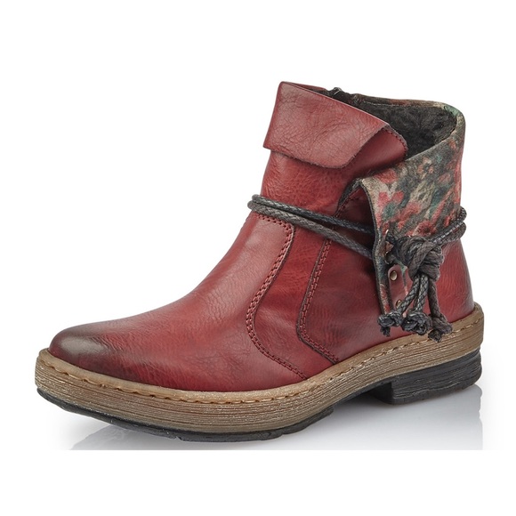 Rieker Z6771-35 Fee 93 Burgundy Red Floral Vegan Foldover Ankle Bootie Boot - Picture 3 of 16